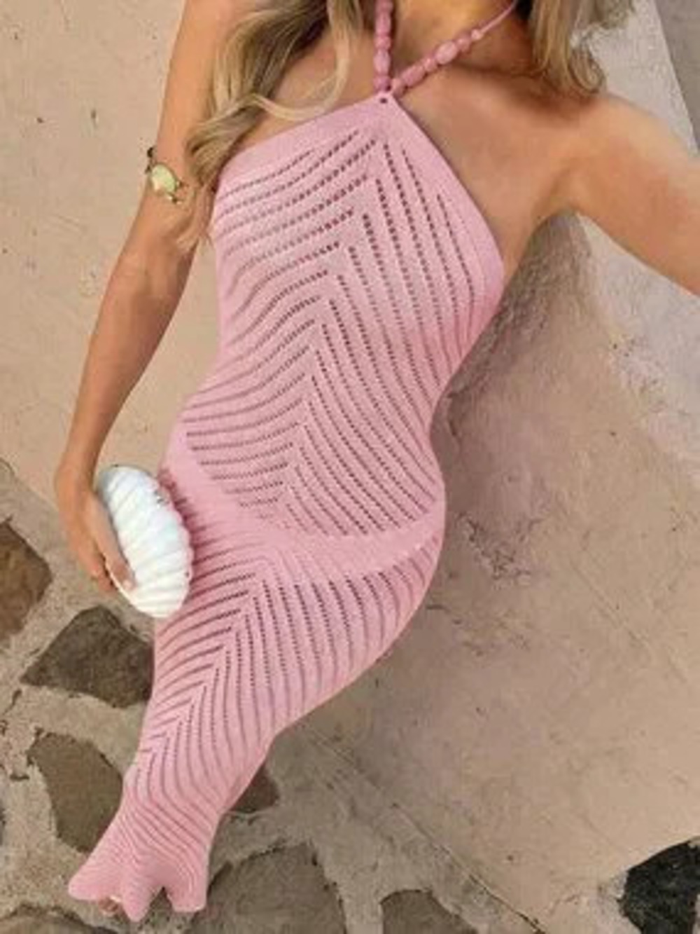 ZARA Pink Y2k Women's Hollow Knit Halter Beaded Detail Slit Maxi Dress